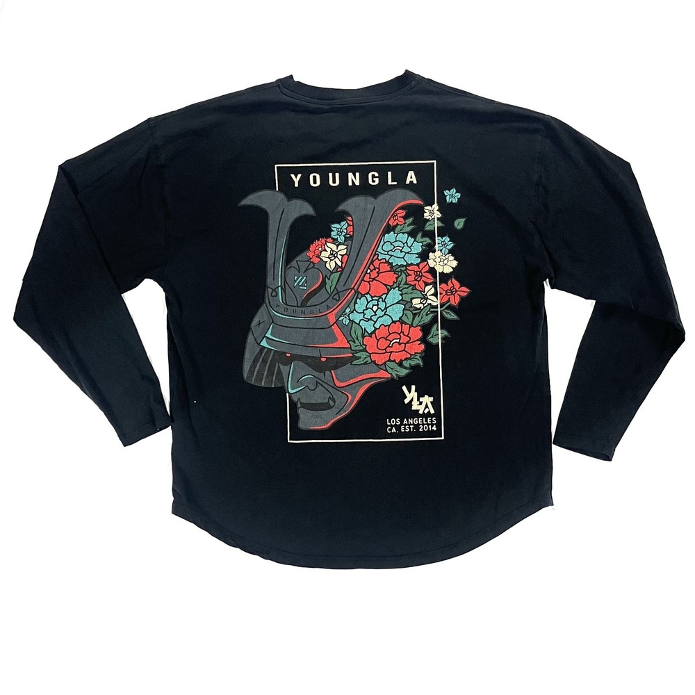 YOUNGLA Samurai Mask Men M Drop Hem Long Sleeve Shirt Black B22 YLA2261